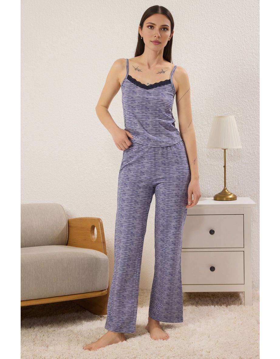 Dark Purple Cotton Striped Lace Rope Strap Knitted Pajama Set