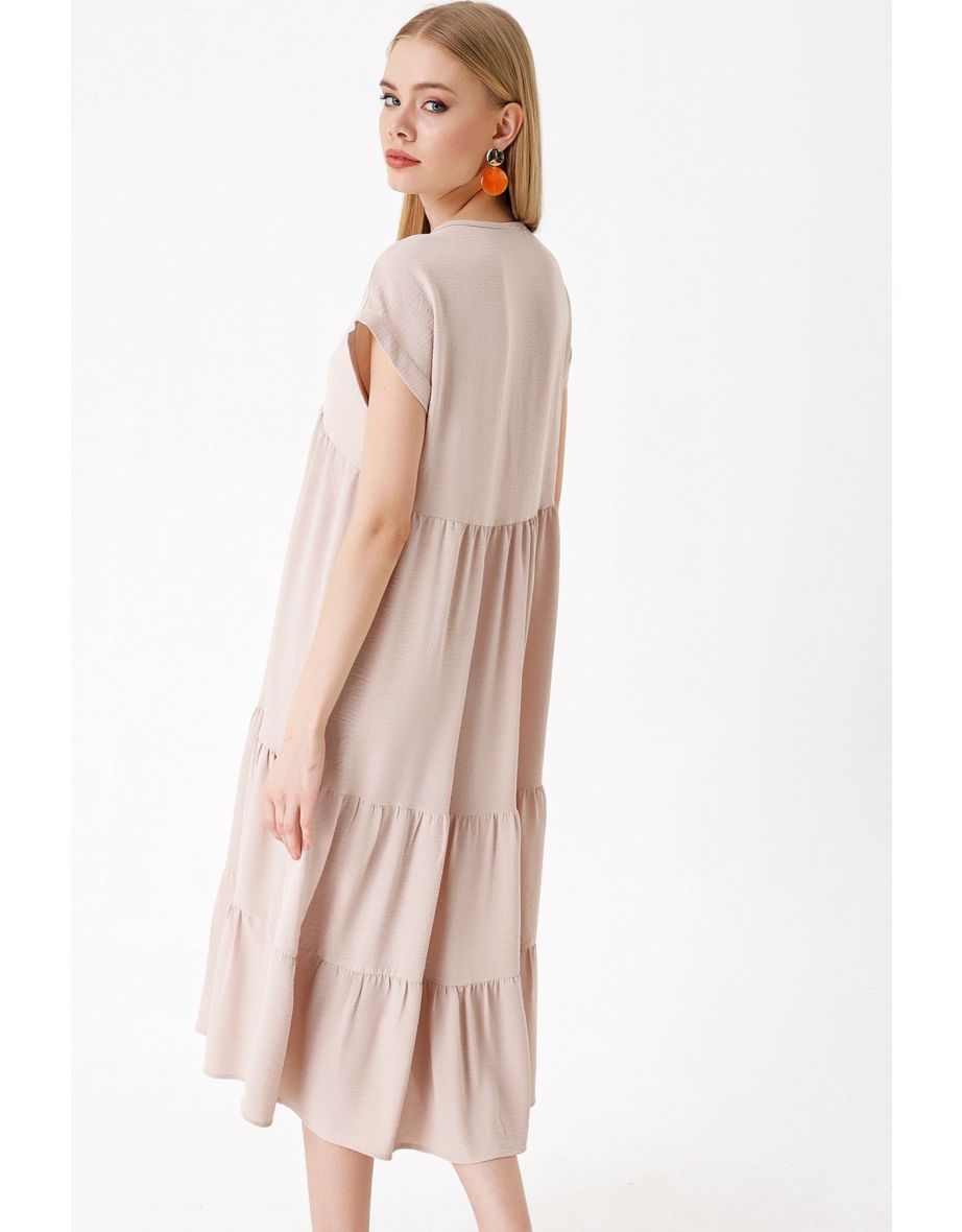 Women's V-Neck Flounce Dress Beige - 5