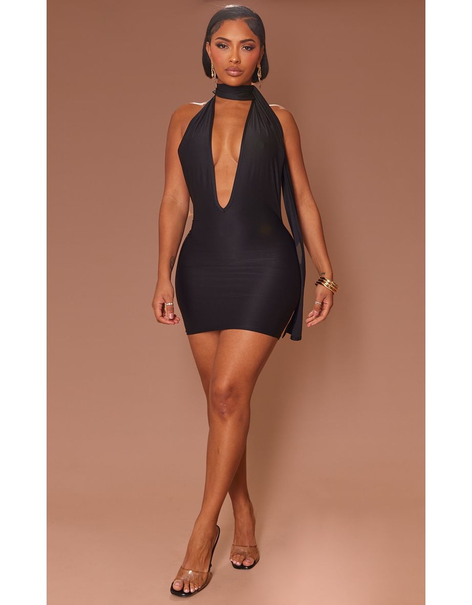 High neck black bodycon dress best sale