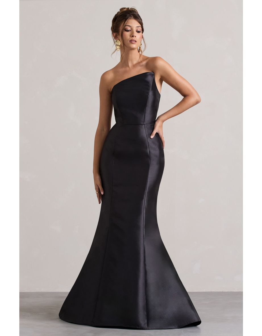Define | Black Satin Asymmetric Fishtail Floor Dress - 4