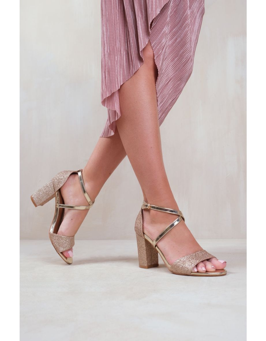 RUTH MID HIGH BLOCK HEEL SANDALS WITH CROSS OVER ANKLE STRAP IN GOLD