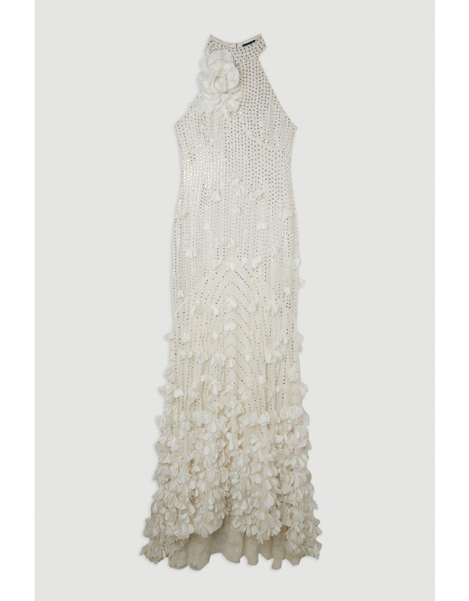 Floral Applique Crystal Embellished Woven Floor Rosette Maxi Dress - 4