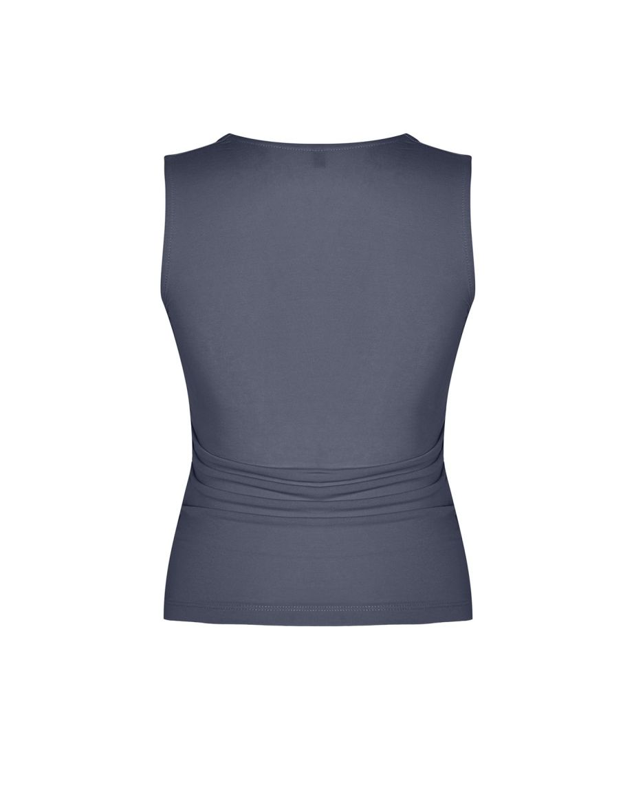 Gray Plain Square Neck Strap Gathered Knitted Top - 6
