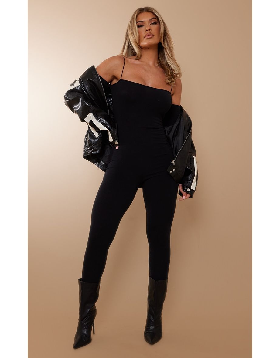 Black Jersey Spaghetti Strap Cold Shoulder Jumpsuit