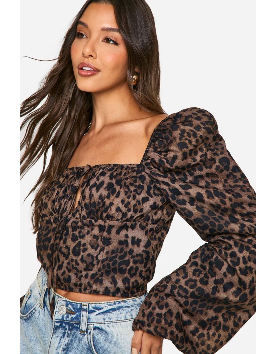 Leopard Print Puff Sleeve Milkmaid Top - leopard - 3