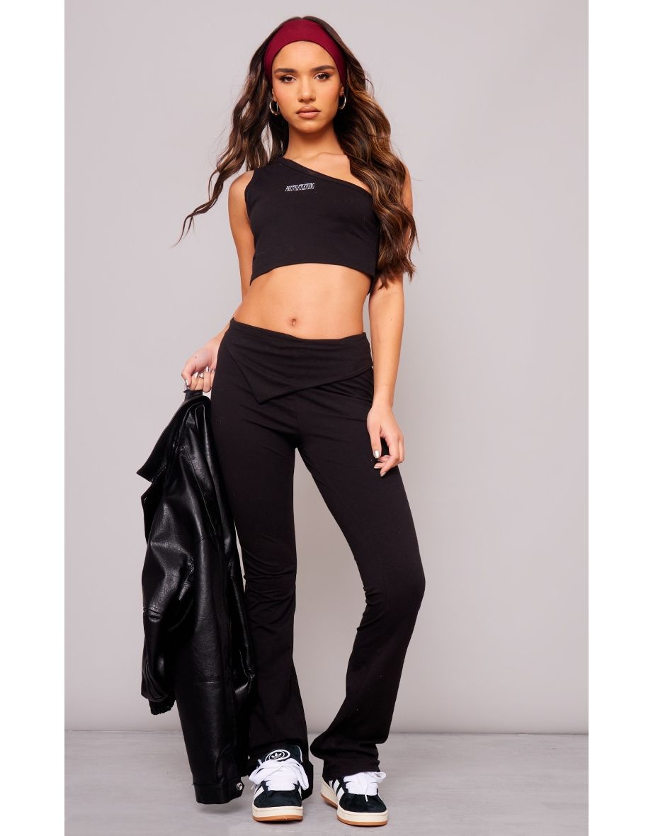PRETTYLITTLETHING Black Cotton Asymmetric Fold Over Hem Flared Trousers