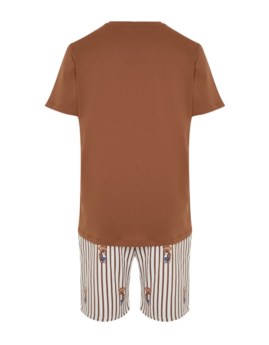 Men's Brown Regular Fit Printed Knitted Pajamas Set - 7