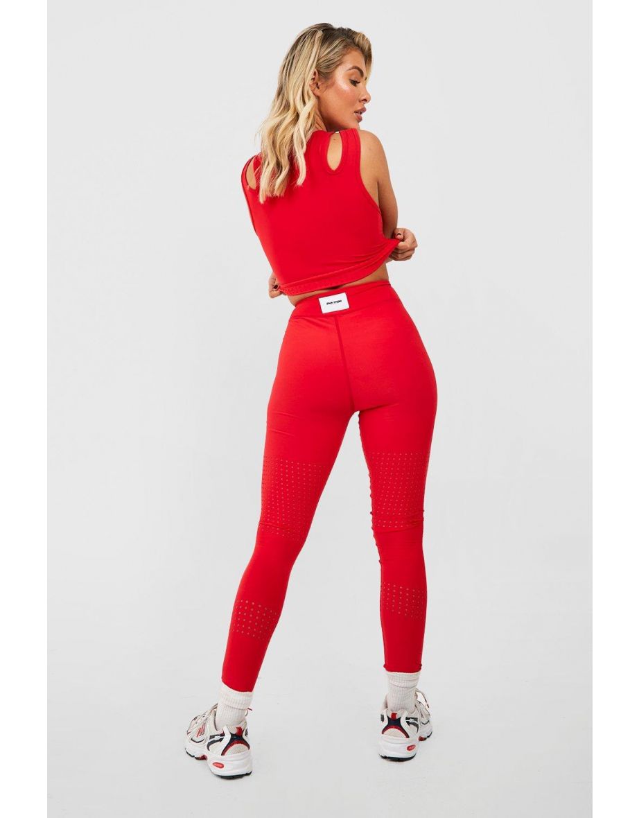 Laser Cut High Waist Active Leggings - red