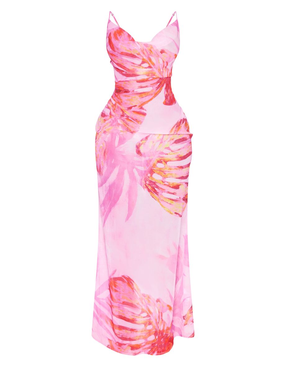 Shape Pink Tropical Print Strappy Cowl Neck Maxi Dress - 4