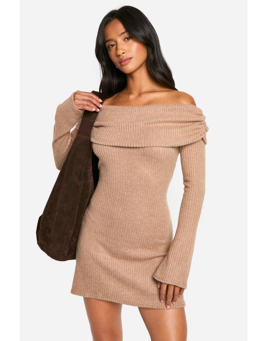 Petite Brushed Rib Foldover Bardot Mini Dress