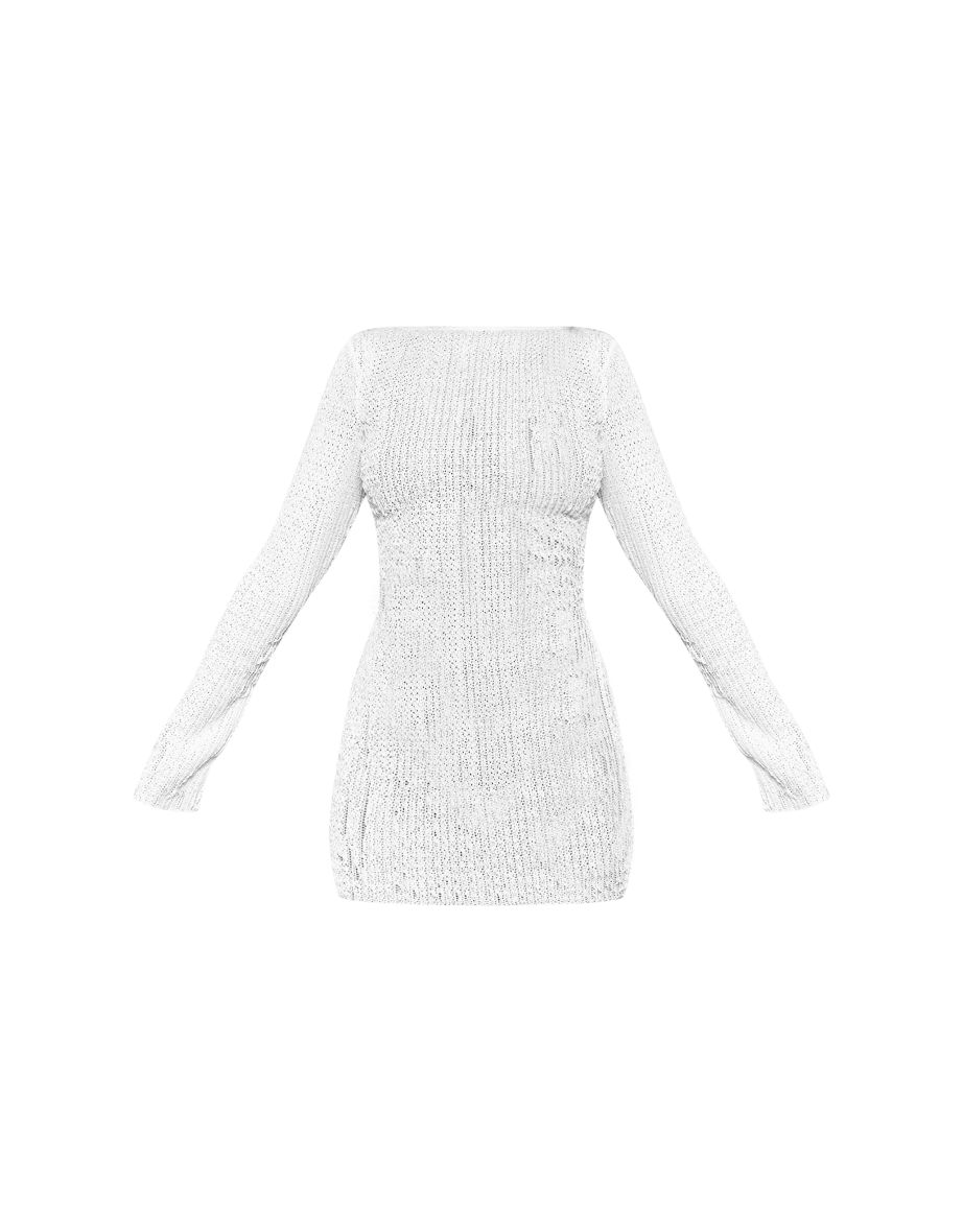 Cream Textured Backless Tie Bodycon Dress - 4