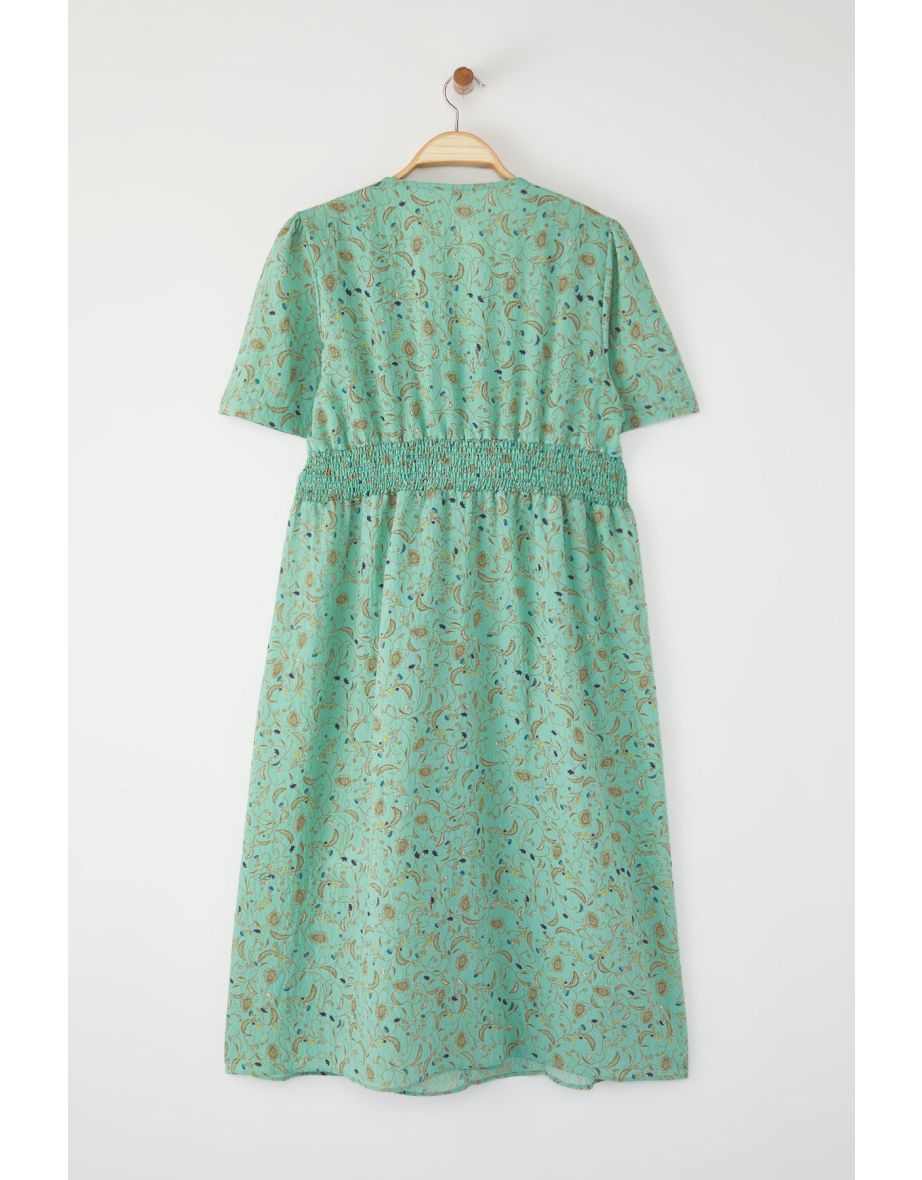 Green Floral A-Line Gimp Midi Woven Dress - 7