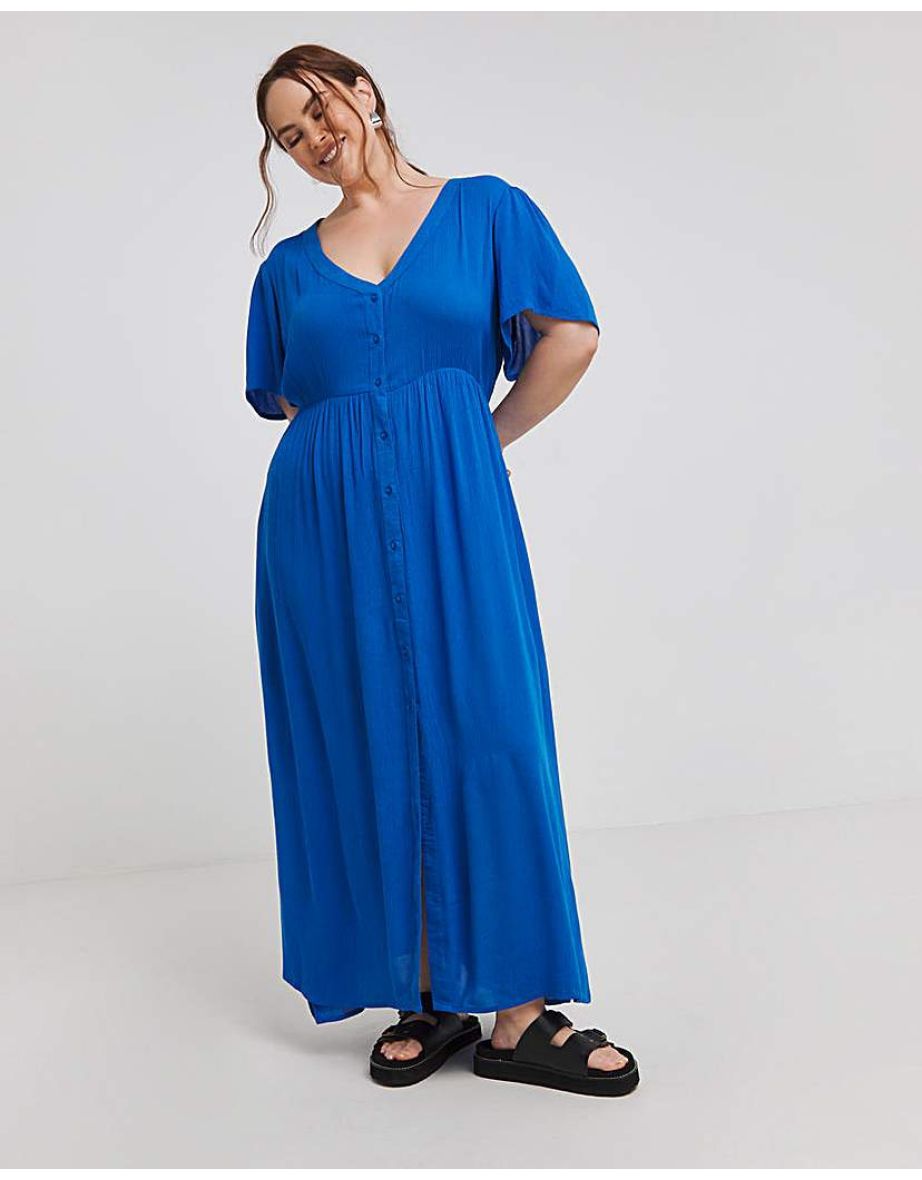 Blue Crinkle Button Up Maxi Dress