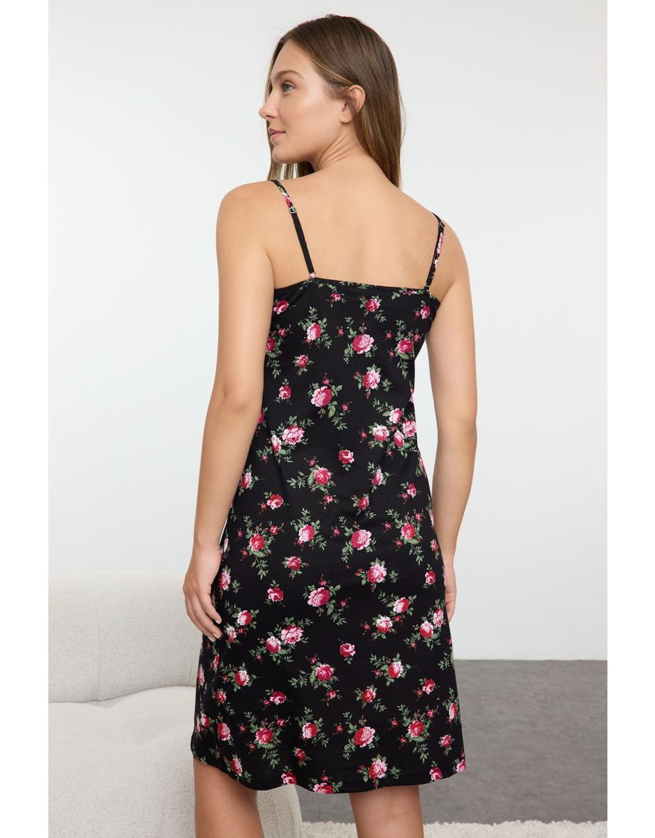 Black-Multicolored 100% Cotton Floral Jersey Knit Nightgown - 4