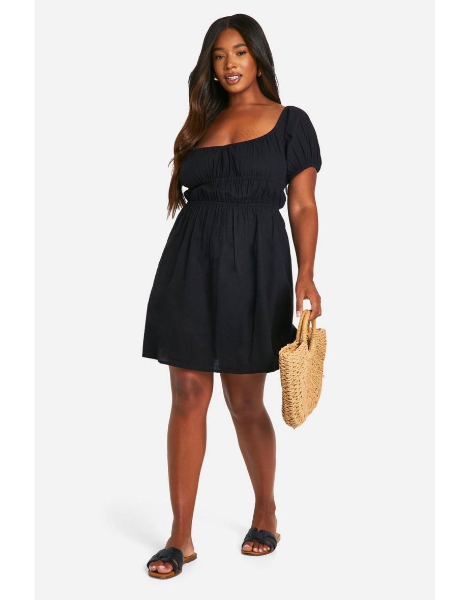 Plus Cotton Blend Ruched Puff Sleeve Mini Dress - black