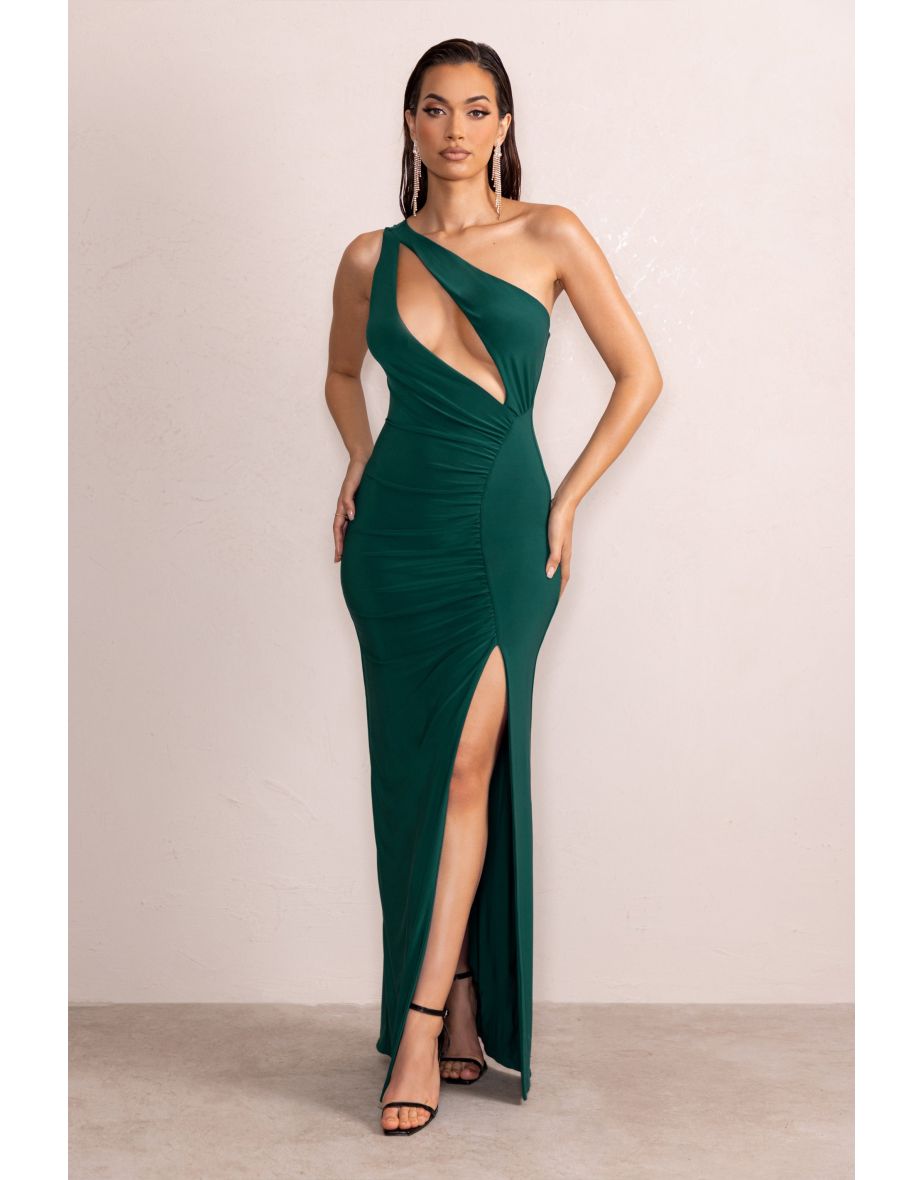 Until Dawn | Bottle Green One Shoulder Ruched Front Cut Out Maxi Dress