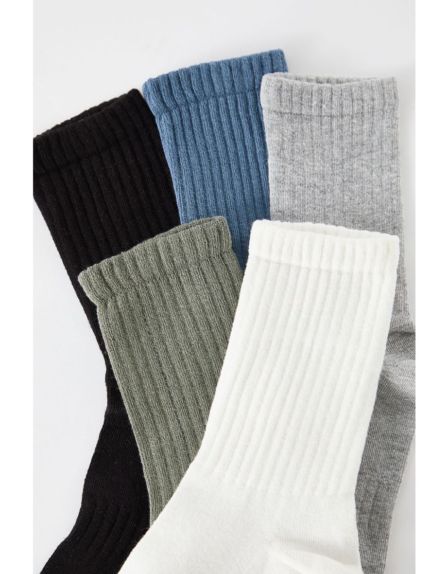 Black-Gray-White-Petrol-Khaki Unisex 5-Pack Cotton Textured Ankle-Long Socks
