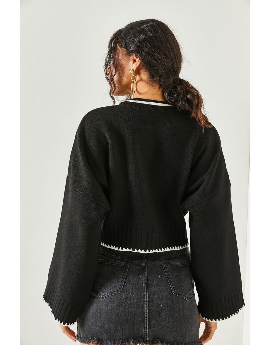 Women's Black Spanish Sleeve Crop Knitwear Sweater - 4