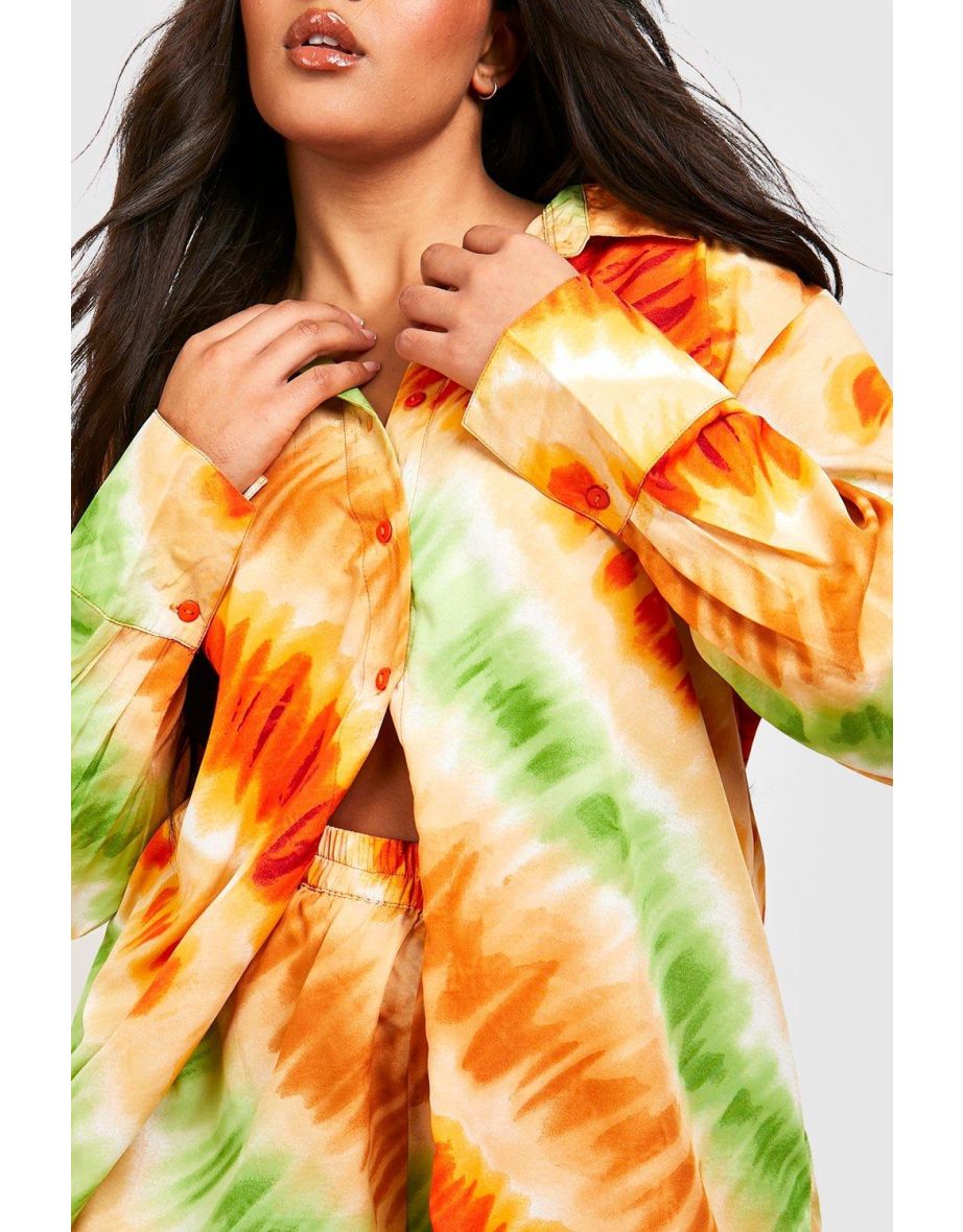 Plus Satin Tie Dye Shirt & Shorts Co-ord Set - orange - 3