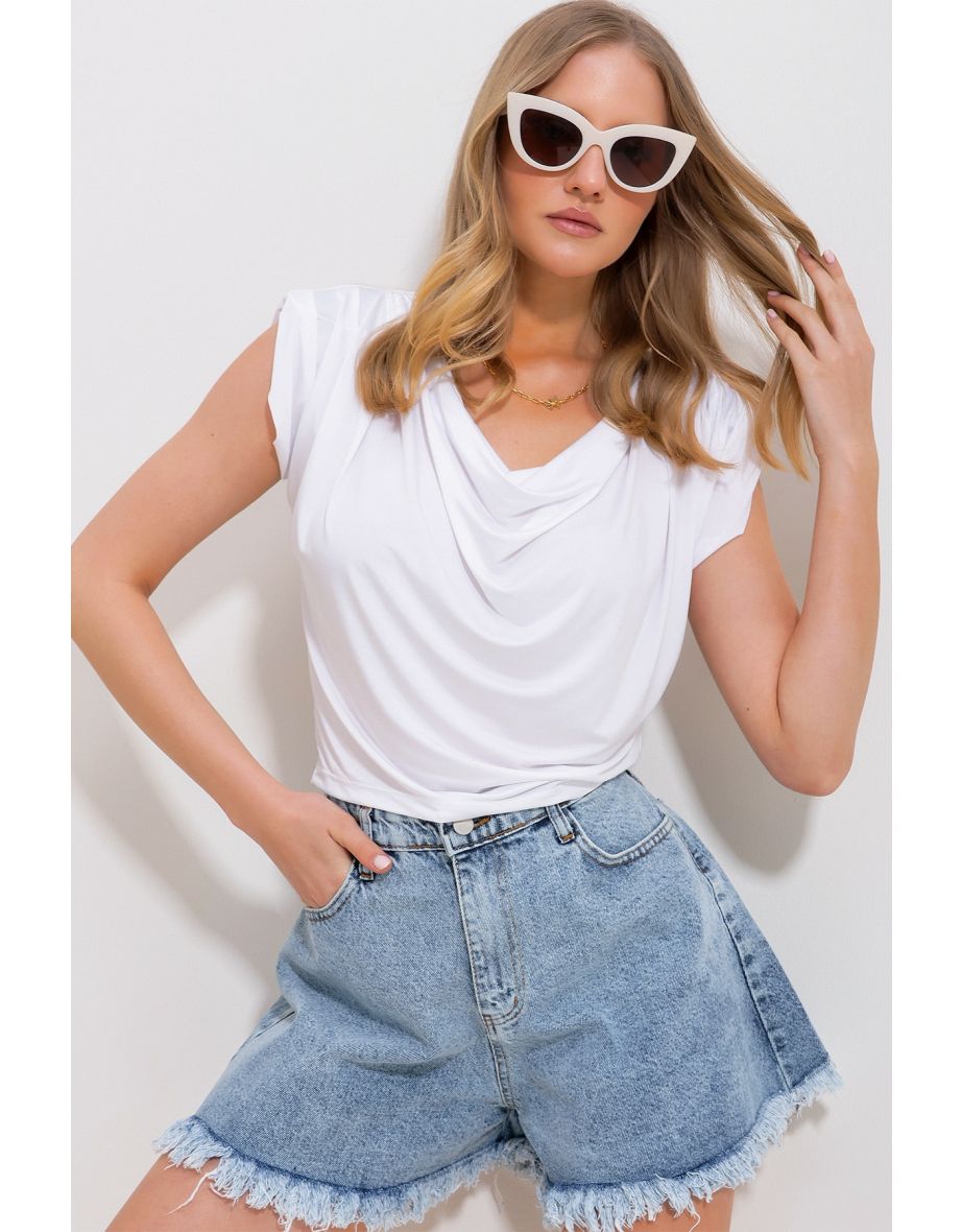 Women's White Turndown Collar Shoulder Padded Soft Textured Blouse