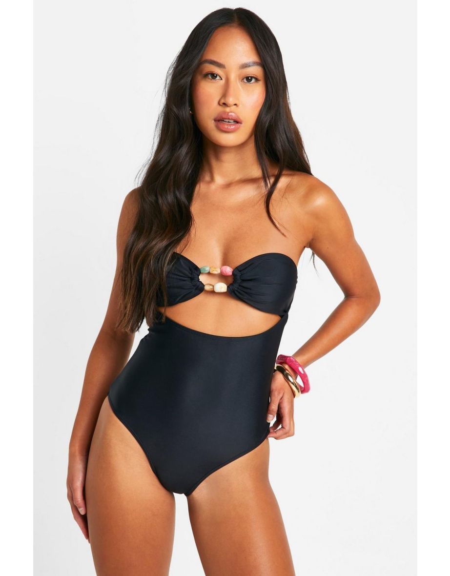 Beaded Trim Cut Out Bandeau Swimsuit - black