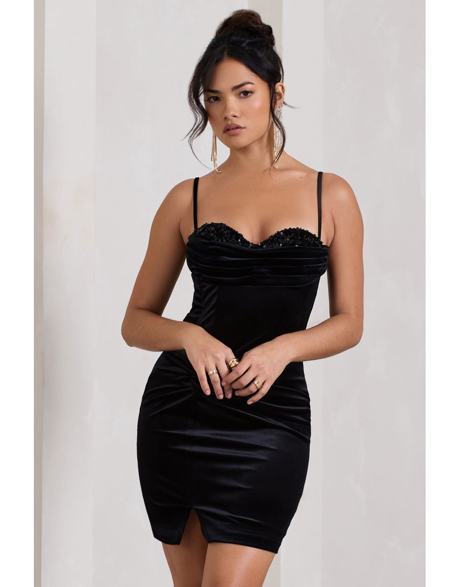 Negligee Black Satin & Lace Draped Cami Mini Dress – Club L London