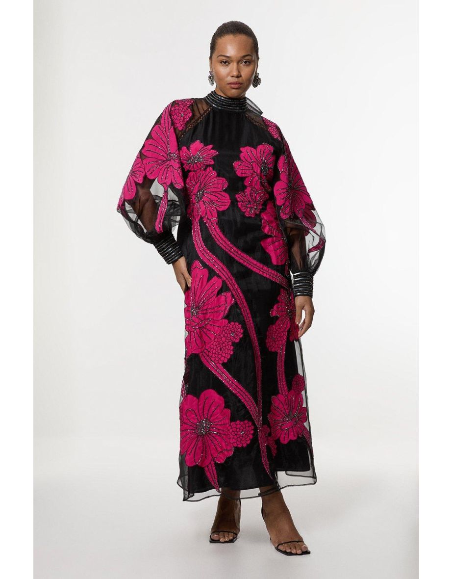 Plus Size Applique Organdie Floral Graphic Maxi Dress