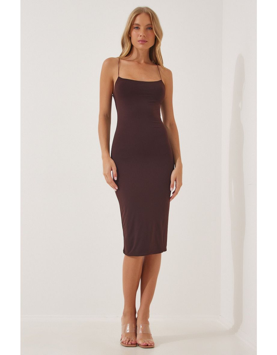 Brown Bodycon Midi Slip Dress