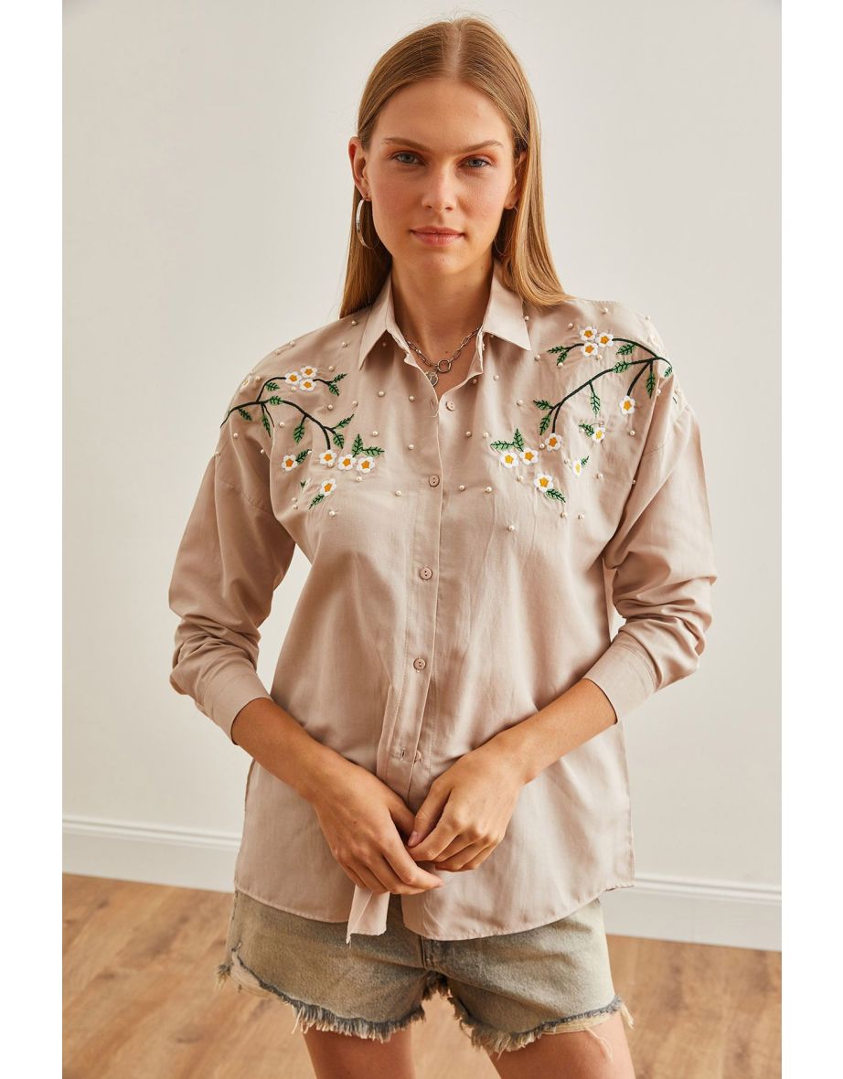 Women's Daisy Stone Embroidery Detailed Oversize Woven Shirt - 6