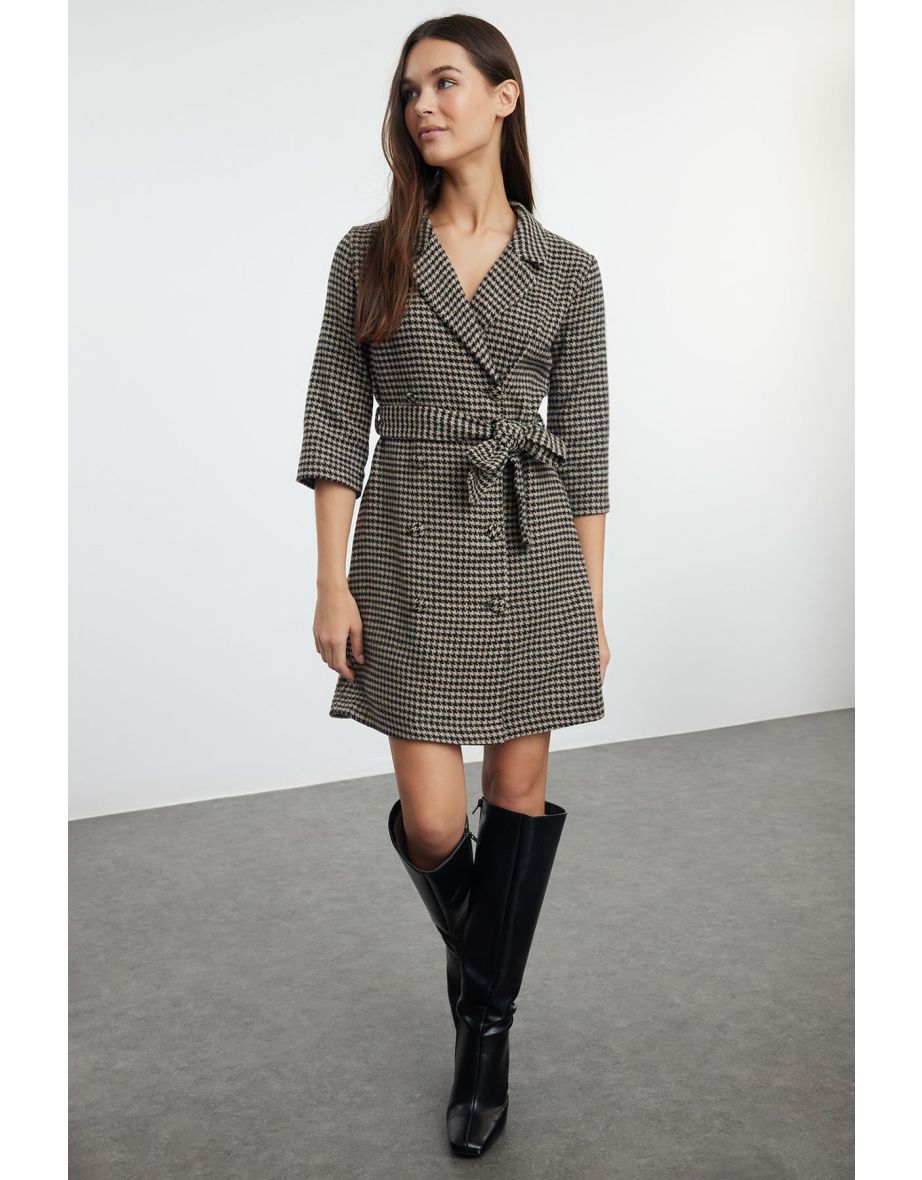 Brown Houndstooth Woven Dress