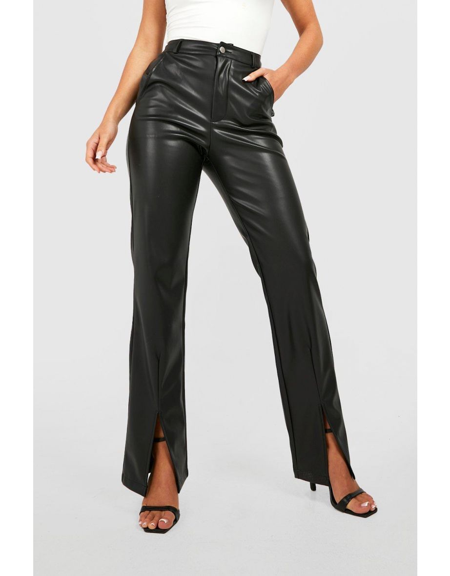 Leather Look High Waisted Split Front Trousers - black - 3