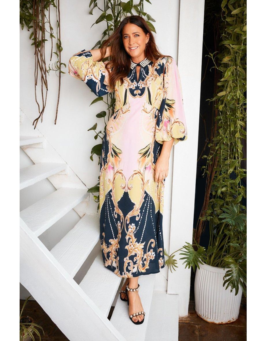 Pearl Collar Keyhole Empire Seam Dress