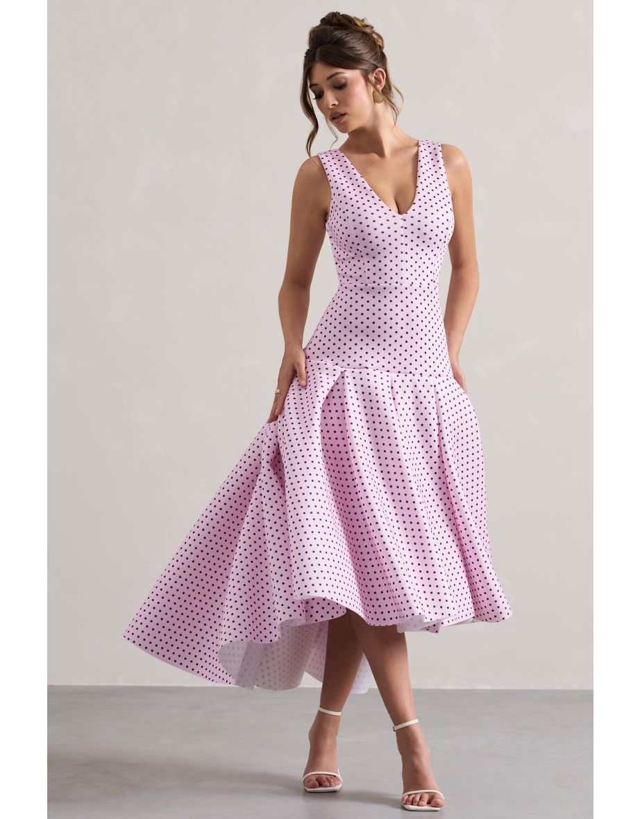 Amoret | Pink Polka Dot Plunge-Neck Maxi Dress With Volume Hem - 4