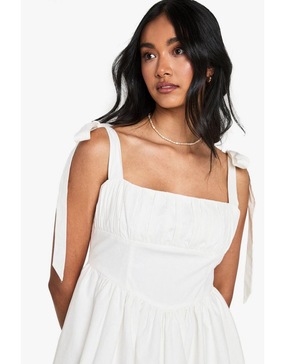 Cotton Ruched Bust Shoulder Tie Midi Dress - white - 3