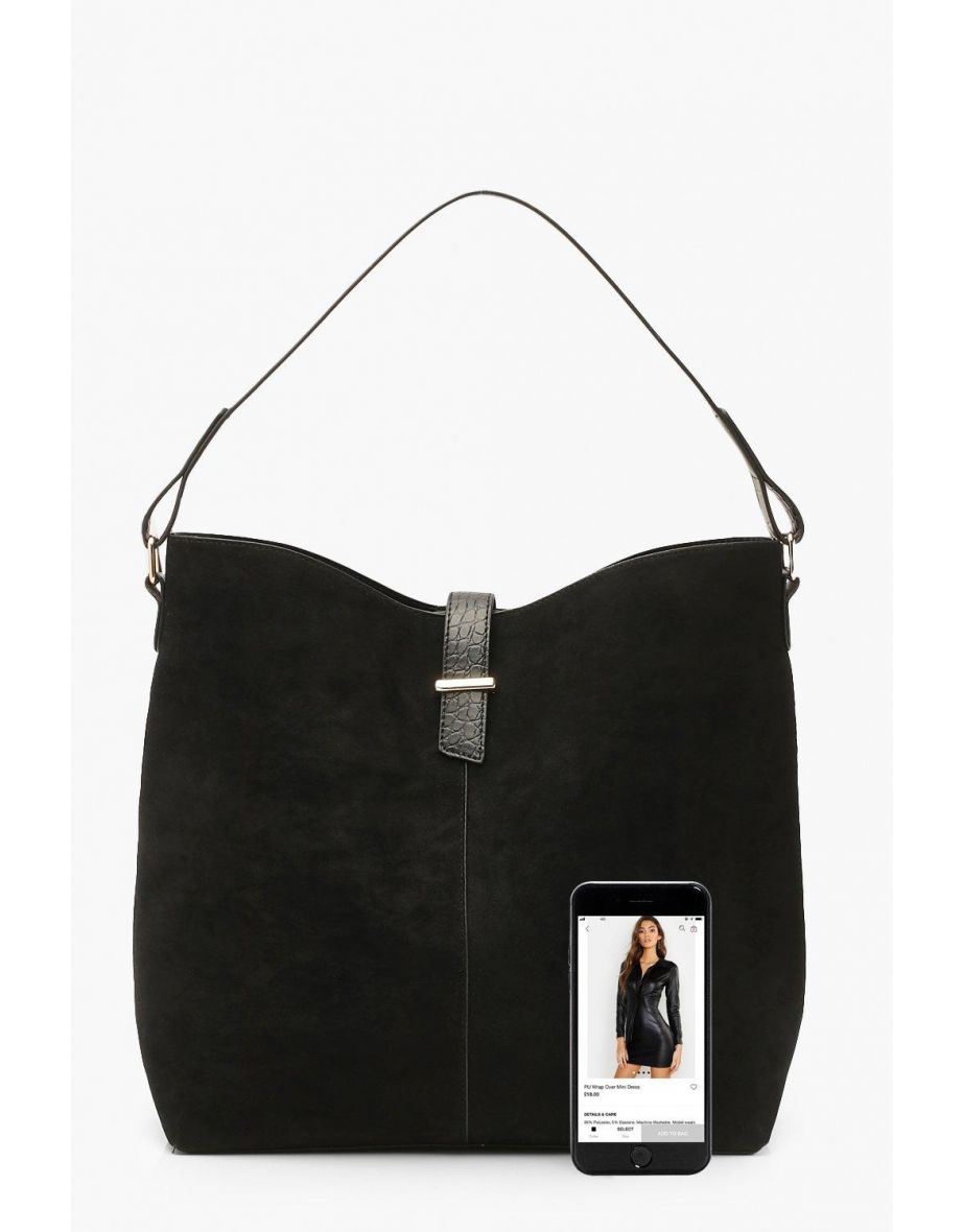 Croc Handle Suedette Structured Tote Day Bag - black - 3
