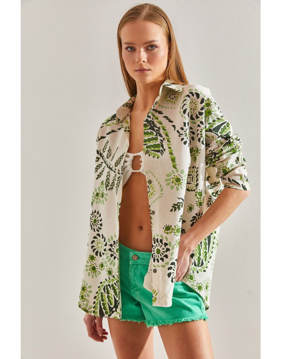 Women's Large Leaf Patterned Loose Linen Shirt - 6