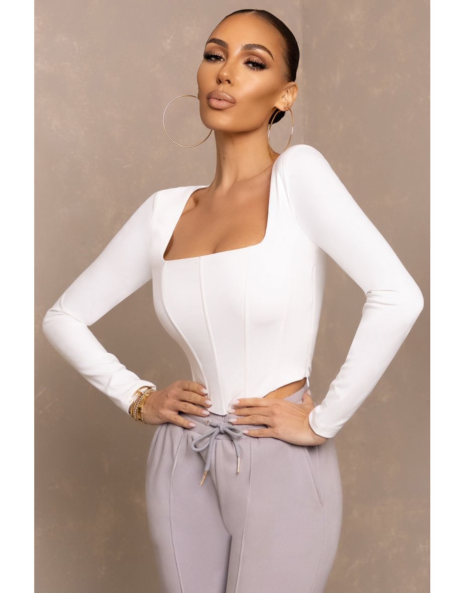 White Long Sleeve Corset Crop Top