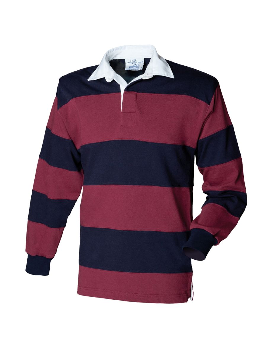Front Row Mens Stripe Sewn Rugby Polo Shirt - Burgundy/Navy - 1