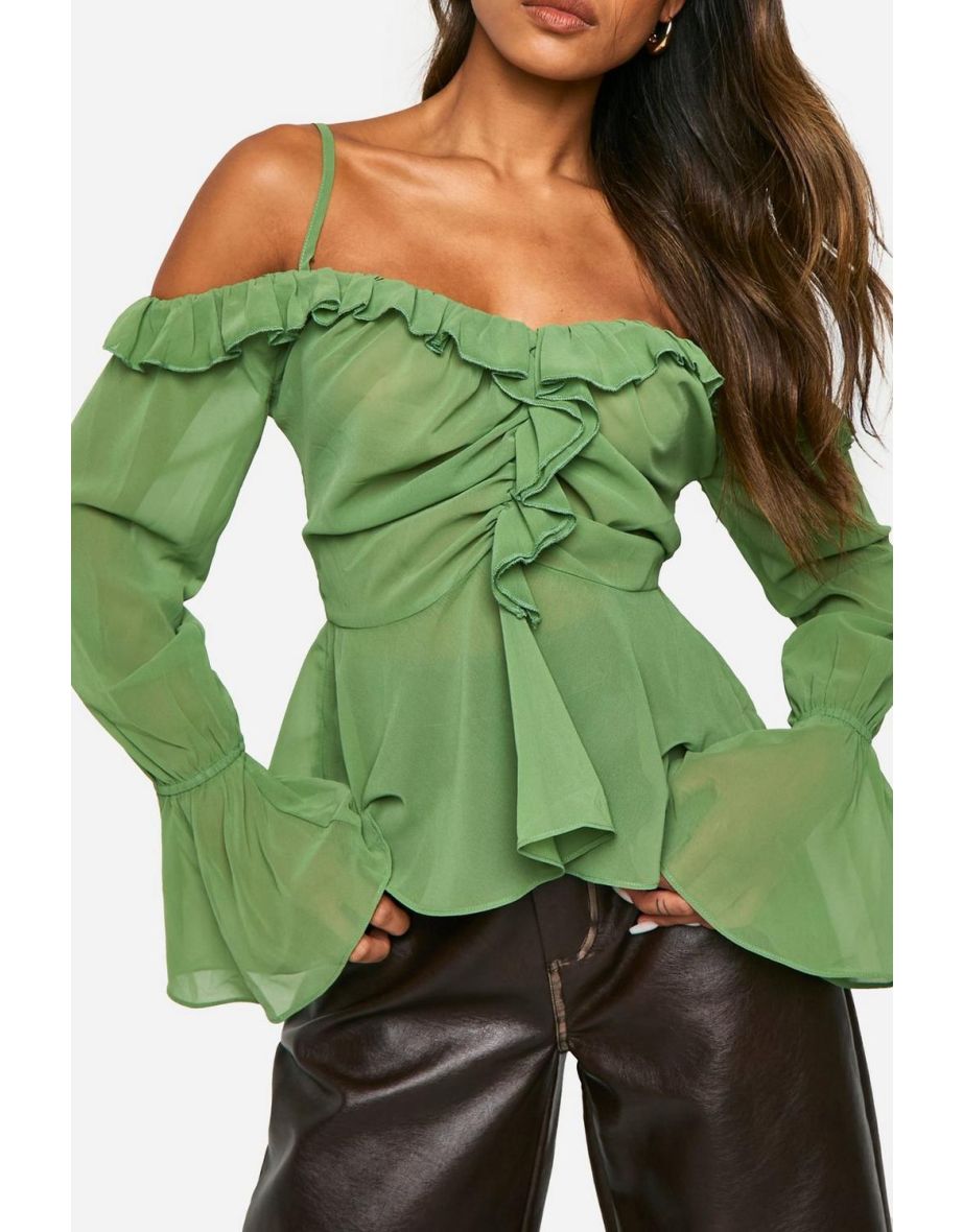 Chiffon Cold Shoulder Ruffle Blouse - olive - 3