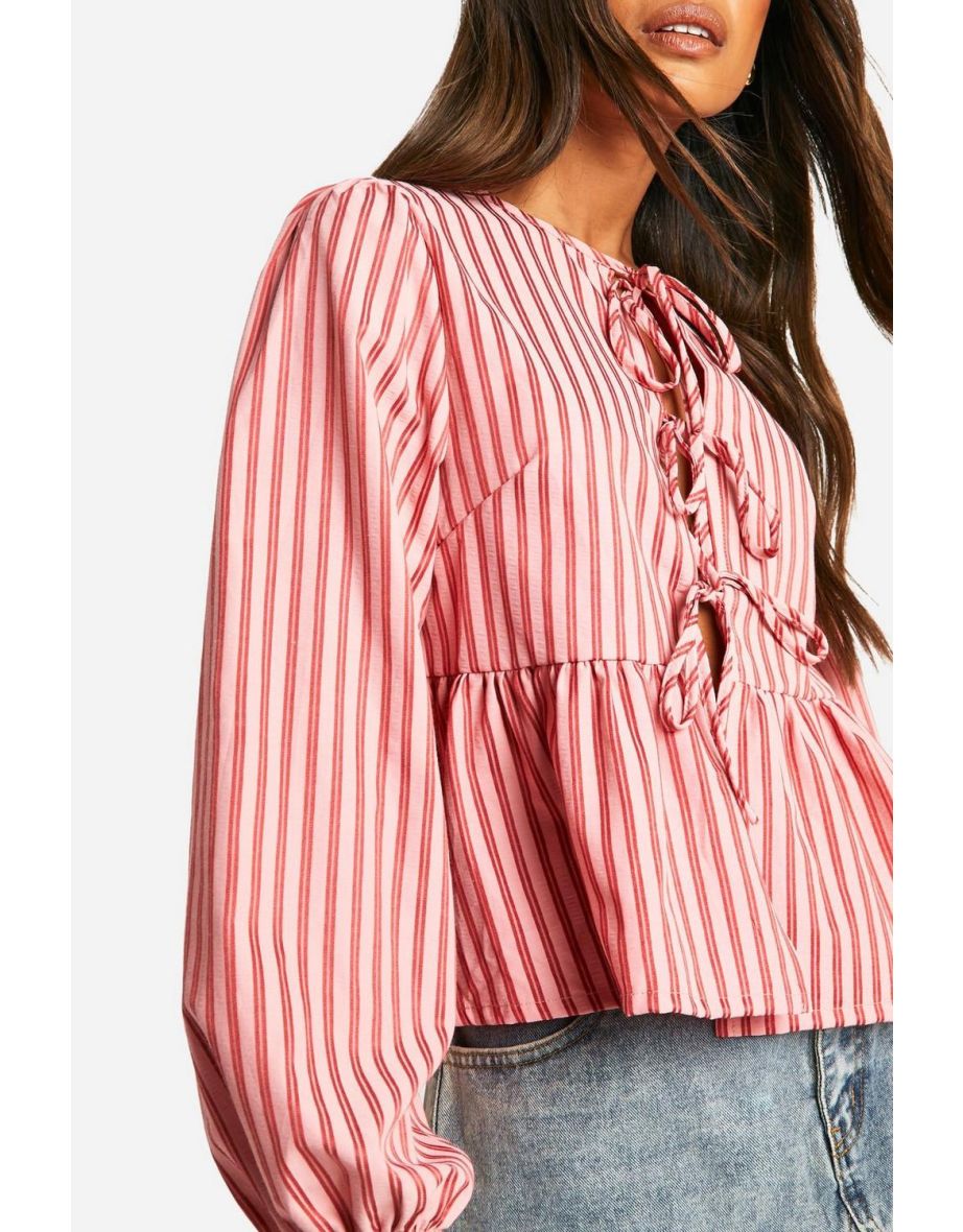 Pink And Red Stripe Tie Front Puff Long Sleeve Smock Top - pink - 3
