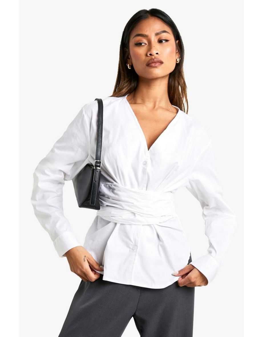 COTTON POPLIN BELTED WRAP SHIRT
