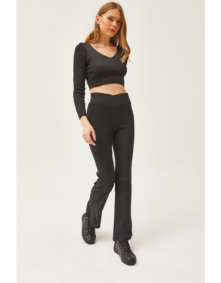 Women's Black Cross Band Detail Raised Spanish Leggings