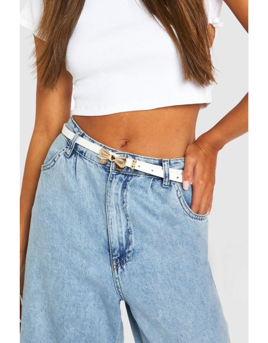 Bow Buckle Skinny Belt - white