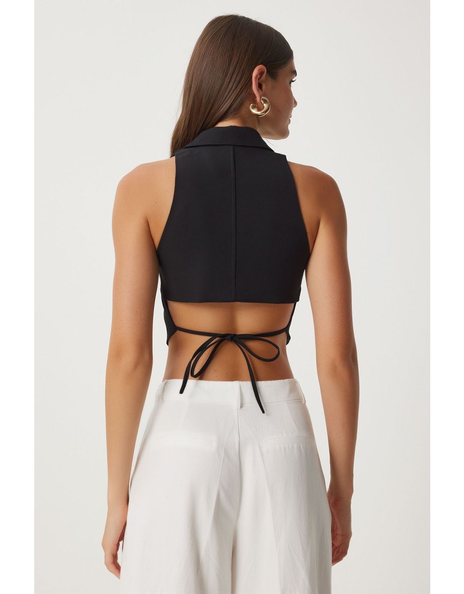 Women's Black Tie Detailed Body-Fitting Vest - 4