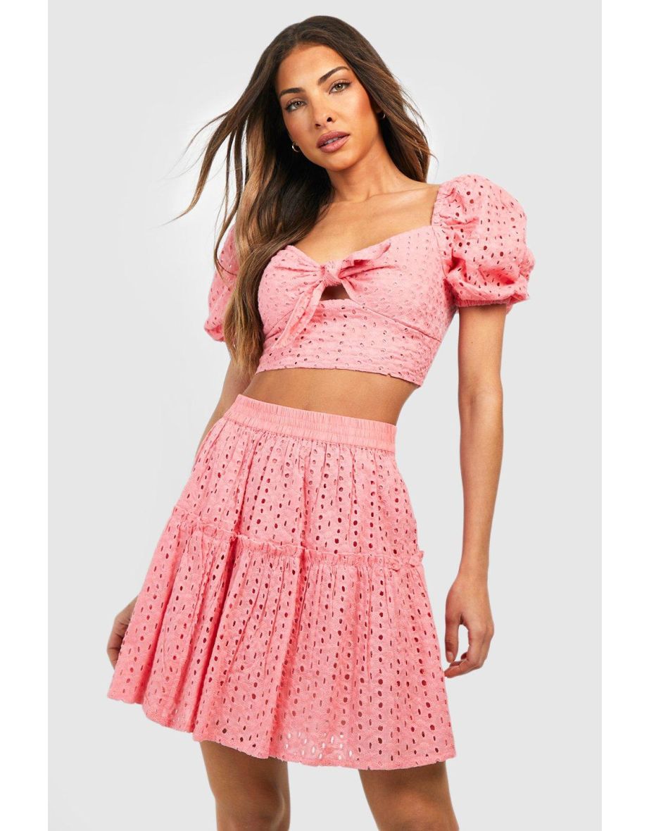 Broderie Sweetheart Knot Front Crop & Mini Skirt - coral