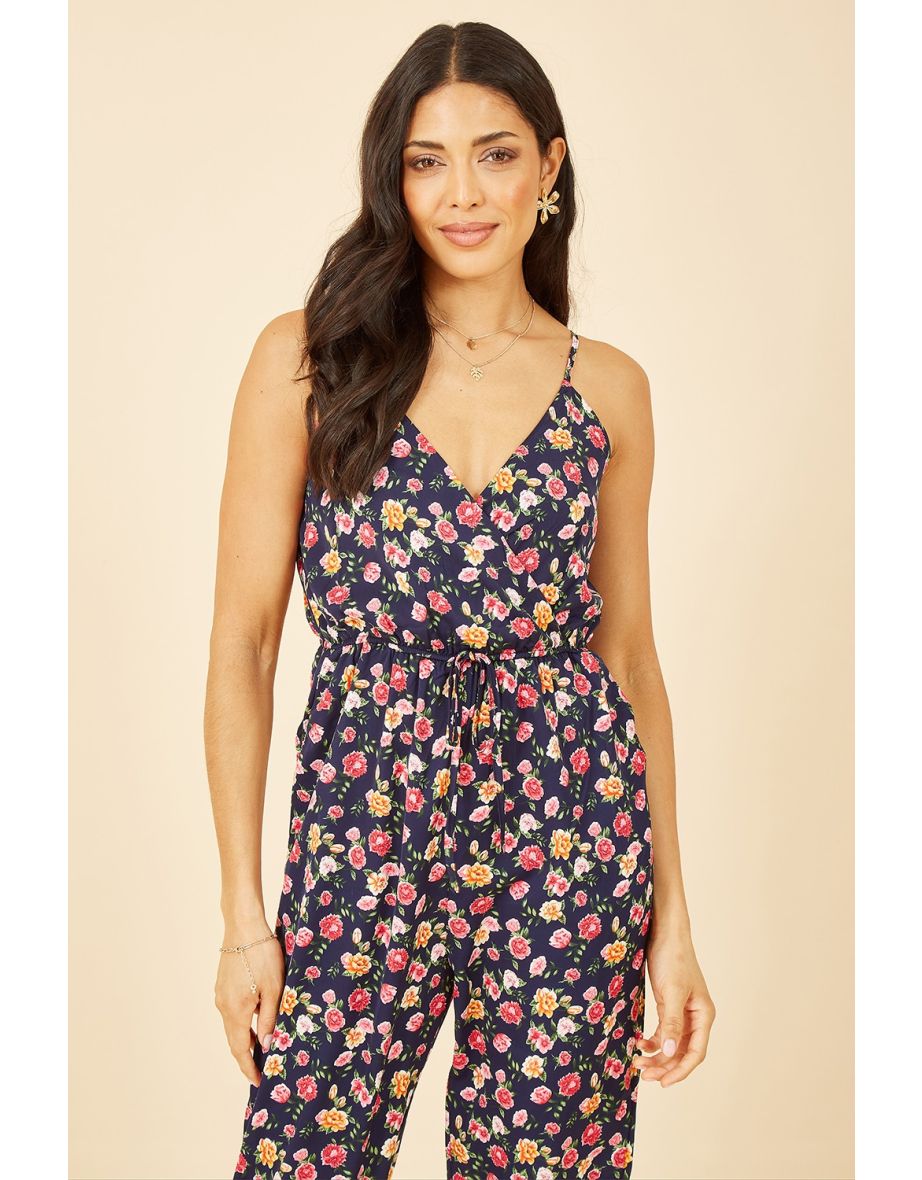Mela Navy Floral Print Wrap Over Strappy Jumpsuit - 3