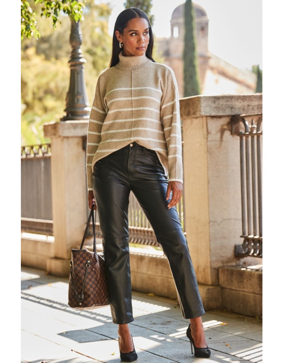 Taupe & White Stripe Roll Neck Jumper