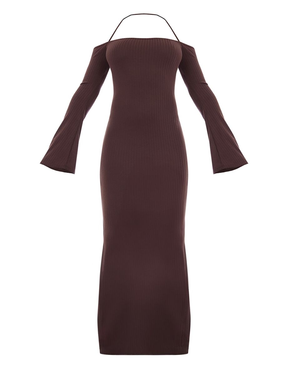 Chocolate Rib Long Sleeve Square Neck Split Leg Maxi Dress - 4