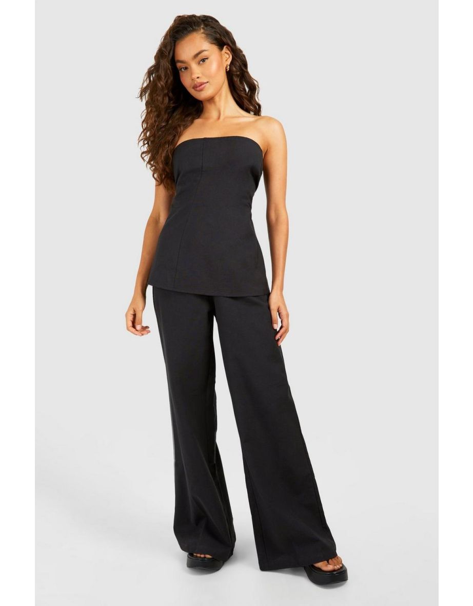 Linen Look Longline Bandeau & Wide Leg Trousers - black