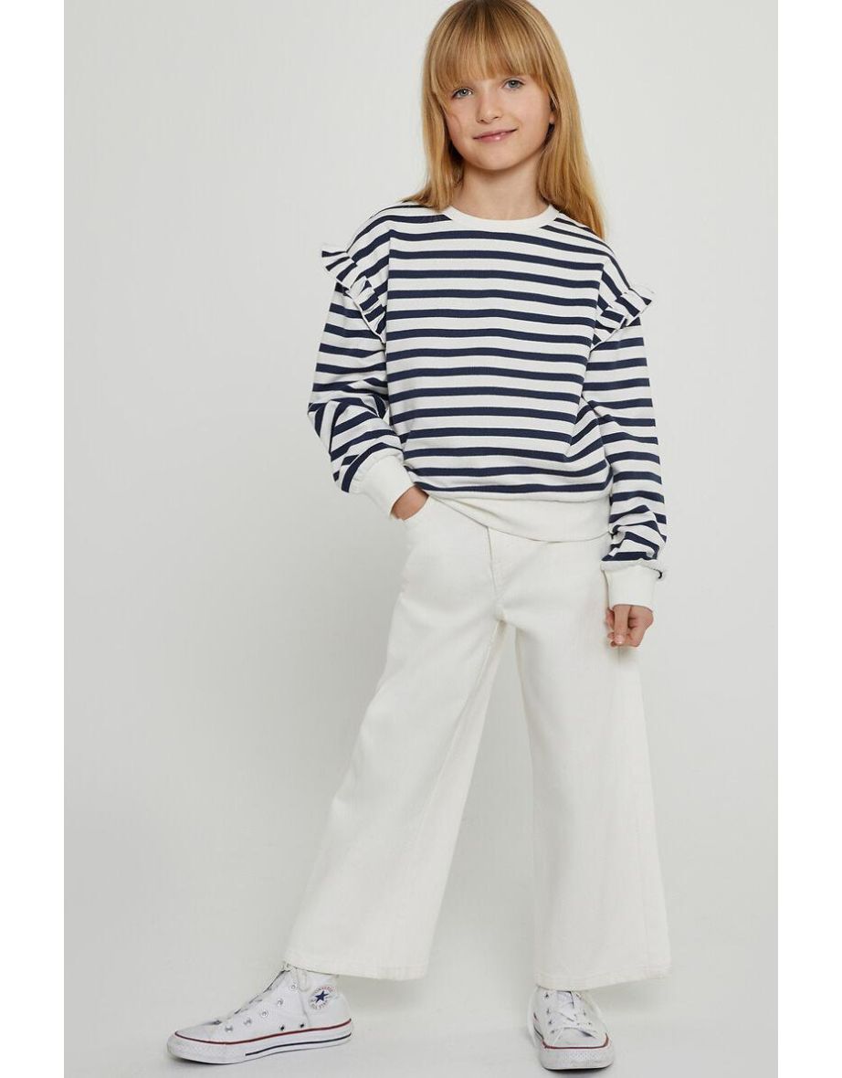 Striped Ruffled Sweatshirt in Cotton Mix with Crew Neck